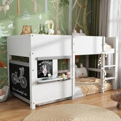 Image of Merax Wooden Bunk Beds for Kids, 3FT Loft Bed with Stairs and Guard Rail, Single Slatted Frame, Space Saving Kids 2 Boards Small Shelf, White, 90x190 cm(No Mattress)