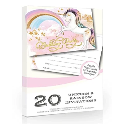 Image of Olivia Samuel 20 x Unicorn Birthday Party Invitations from Girls Invites Ready to Write with Envelopes