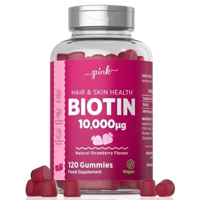 Image of Biotin Gummies 10000ug 120 Count Natural Strawberry Flavour 100% Vegan No Artificial Flavours or Sweeteners by Pink