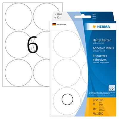 Image of HERMA Dot Stickers White, 192 Labels, Ø 50 mm, 6 Labels per Sheet, Self Adhesive Round Colour Stickers, Blank Marking Dots, Sticky Circle for Color Coding Calendar
