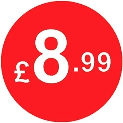 Image of Pack of 500 20mm Price Stickers/Labels Choose from 10p to £95 Bright Red Many Prices (£8.99 Red)