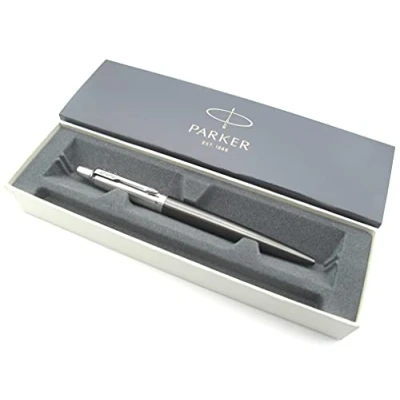Image of Parker Jotter Premium Stainless Steel Ballpoint Pen Tower Grey with Engraved Diagonal Pattern Black Gel Ink Gift Boxed