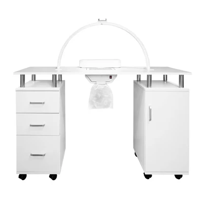 Image of Professional Manicure Table &amp; LED Half Moon Lamp 29.5In Nail Beauty Salon Dust Collector Removable Cushion Wheels Pull Out Drawers 1 Cupboard 2 Shelves 3 Colour Dimmable Temperature Light Phone Holder