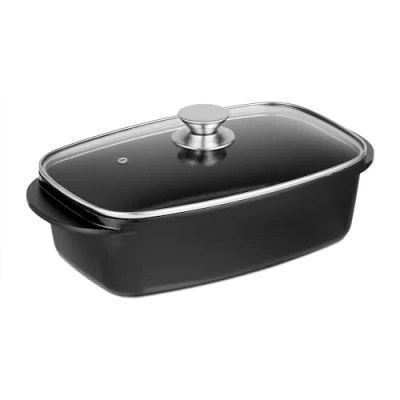 Image of Relaxdays Dish with Glass Lid, 5 Litre Capacity, Coated Universal Roaster, Aluminium, Electric &amp; Gas Hob, Black, 16 x 39.5 22 cm