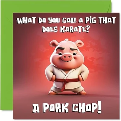 Image of Funny Birthday Cards for Women Men Dad Joke Karate Pig Happy Card Mum Brother Sister Son Daughter Nan Grandad Cousin Colleague, 145mm x Humour Banter Greeting