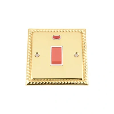Image of Cooker Oven Switch w/Neon Indicator 45 Amp Polished Brass Georgian White