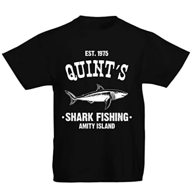 Image of Youth Kids Childrens Quints Fishing Shark Jaws Inspired Amity Cult Movie T Shirt Black 9 11 Years (L)