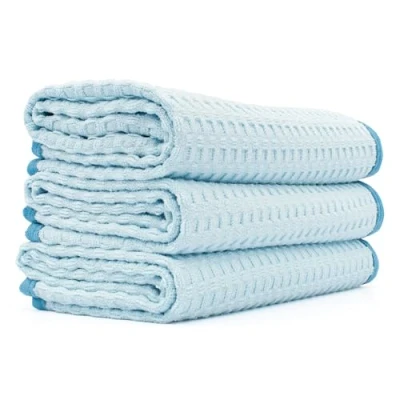 Image of The Rag Company Dry Me A River Professional Korean 70/30 Blend, Microfiber Waffle Weave, Drying &amp; Detailing Towels, Soft Suede Edges, 390gsm, 16in x 24in, Light Blue (3 Pack)