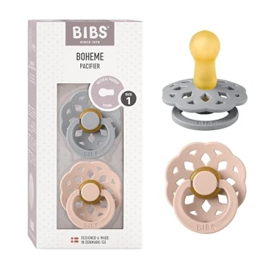 Image of BIBS Boheme Soother 2 Pack. BPA Free. Round Nipple, Size 1 (0 6 Months), Cloud/Blush