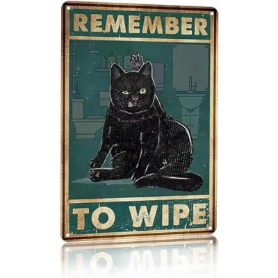 Image of Black Cat Decor Funny Bathroom Toilet Signs Remember To Wipe Retro Metal Sign Home Wall Bar Pub Vintage Plaque Tin 6x8 Inch