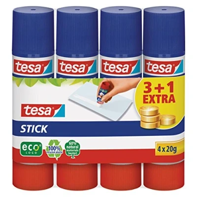 Image of tesa UK 4 x 20 g Glue Stick ecoLogo, Solvent Free and Washable, Blue