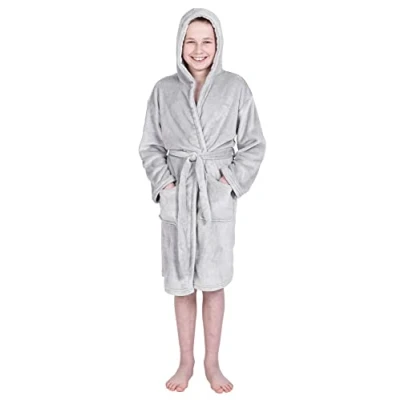 Image of Kids Soft Fleece Bathrobe Hooded Warm Dressing Gown Flannel Bath Robe Boys Girls, 4 5 Years, Silver