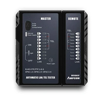 Image of AMPCOM Network Cable Tester, for LAN Phone RJ45/RJ11/RJ12/8P8C/6P6C/6P4C/6P2C/CAT5e/CAT6/CAT6A/CAT7/CAT8 UTP/STP Wire Test Tool (Black)