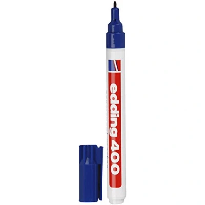 Image of edding 400 permanent marker blue 10 pens fine round tip 1 mm waterproof, quick drying, smear proof for cardboard, plastic, wood, metal, glass and fabric