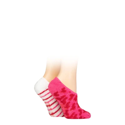 Image of Women&#039;s 2 Pair SOCKSHOP Wildfeet Animal and Patterned Cosy Slipper Socks with Grip Hearts Stripes 4 8 UK