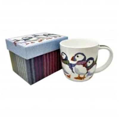 Image of Emma Ball Puffins in Scarves Bone China Mug with Gift Box