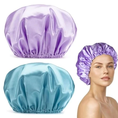 Image of 2PCS Shower Cap, 32CM Large Waterproof Bath Hair Reusable Caps for Women, Double Layers Hats and Cap Bonnets Stylish Bonnet with Elastic Band Adults Long