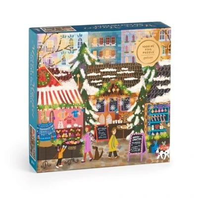 Image of Galison 9780735383128 1000 Piece Joy Laforme Jigsaw Puzzle Featuring Merry and Festive Outdoor Market for The Holidays with Gold Foil Accents