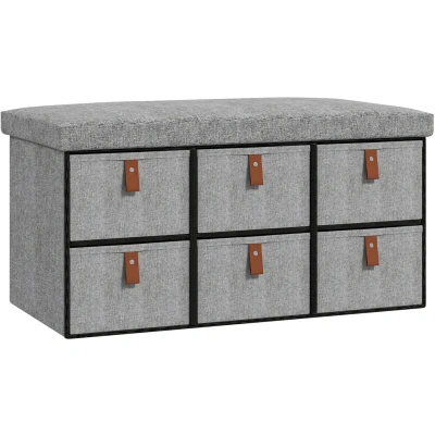 Image of HOMCOM Shoe Bench with Seat, Storage Cushion and 6 Fabric Drawers for Entryway, Hallway, Living Room, Bedroom, Light Grey