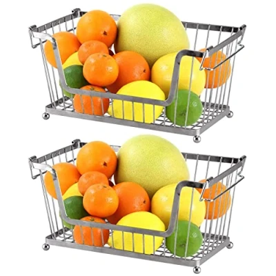 Image of Greenfields® 2 Pack Silver Multi Purpose Stackable Storage Wire Basket Stacking Shelves Fruit Vegetable Kitchen Bathroom Rack Stand Organiser With Handles