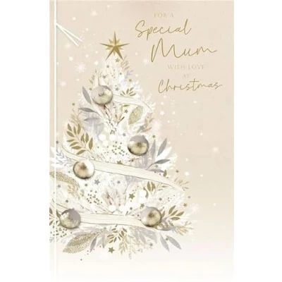 Image of UK Greetings Special Mum Christmas Card Decorated Tree with Foil and Embossed Details Twine Embellishment Eco Friendly