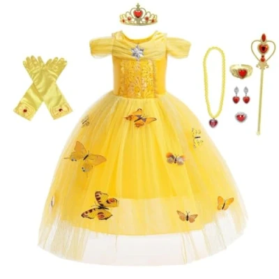 Image of Lito Angels Yellow Princess Belle Costume Birthday Party Fancy Dress Up with Accessories and Butterfly for Kids Girls Age 4 Years (Tag Number 100)