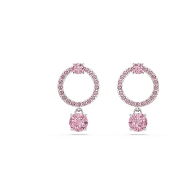 Image of Swarovski Attract drop earrings, Round cut, Pink, Rhodium plated