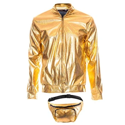 Image of 70s 80s 90s Foil Metallic Shiny RAVE Bomber Jacket Hologram Festival Fancy Dress Gold