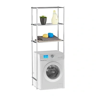Image of Relaxdays Laundry Storage Shelf, Bathroom Rack with 3 Shelves, Chrome, HWD: 162 x 63 30 cm, Silver