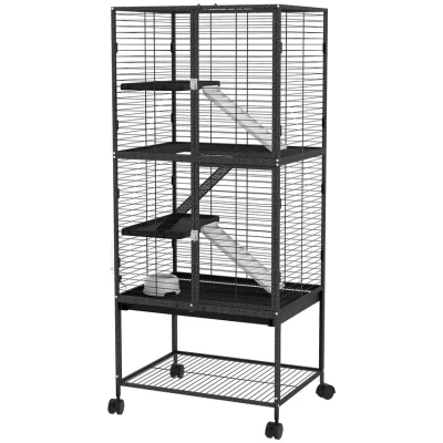 Image of PawHut Ferret Cage Rolling Small Animal 4 Levels Pet 136cm Height for Chinchillas, Squirrels with 3 Doors, Storage Shelf, Tray, Bowl, Water Bottle, Ramps Charcoal Grey