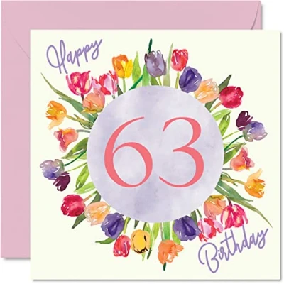 Image of Beautiful 63rd Birthday Cards for Women Watercolour Tulips Flowers Bouquet Happy Card Her Grandma Nanny Gran Mum Gifts, 145mm x Lovely Floral Greeting Gift