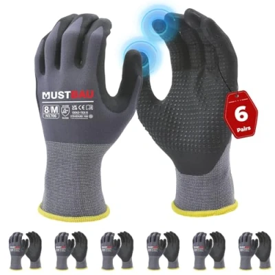 Image of Mustbau 6 Pairs Safety Work Gloves Breathable Nitrile Coated Gloves,Knit Nylon Protective Gloves,Abrasion,Dexterity, Touch Screen, for Most Kinds of Jobs M