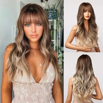 Image of Honygebia Light Brown Wig with Fringe Long Ombre Wavy Wigs for White Women, Ash Synthetic Heat Resistant Hair, Natural Best Halloween/Christmas/Cosplay/Party