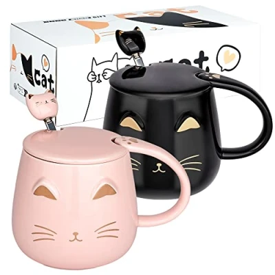 Image of DONGSHANGIFT 2 Pack Cute Cat Mugs Coffee Mug Set with lid and Lovely Kitty Spoon Novelty Morning Tea Milk for Lovers Girls Women Christmas Birthday Gift 450ML/15oz,Black Pink