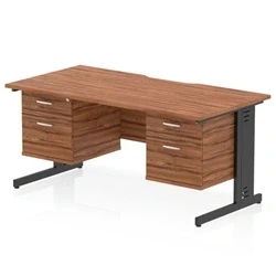 Image of Impulse 1600 x 800mm Scalloped Edge Office Desk Walnut Top Black Cable Managed Leg Workstation 2 Drawer Fixed Pedestal