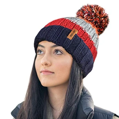 Image of RockJock R80 Thermal Insulating Striped Beanie Bobble Hat with Cosy Fleece Lining RED/Orange