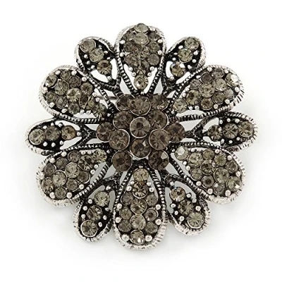 Image of Avalaya Vintage Inspired Grey Coloured Austrian Crystal Floral Brooch in Antique Silver Tone 43mm D