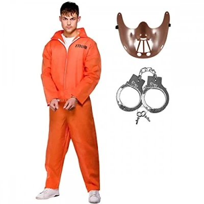 Image of Adult Mens Orange Convict Suit Costume + Hannibal Mask Handcuffs : Prisoner 90s Film Theme Fancy Dress (XX Large)