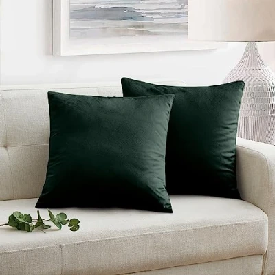 Image of Oxford Homeware Velvet Cushion Covers Pack of 2 Square Throw Pillow Cases Soft Decorative Cover for Bedroom Living Room with Invisible Zipper (Dark Green, 18 x Inch (Plain))