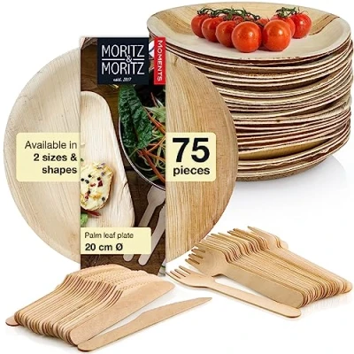 Image of Moritz &amp; 75 pcs. Disposable Palm Leaf Plates Set with 25x Round Ø 20cm 50x Cutlery Biodegradable Compostable Like Bamboo or Paper