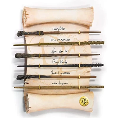 Image of The Noble Collection Harry Potter Dumbledore&#039;s Army Wand Set of 6 Prop Replica Wands on 17in (44cm) Resin Scroll Display Officially Licensed Film Movie Props Gifts