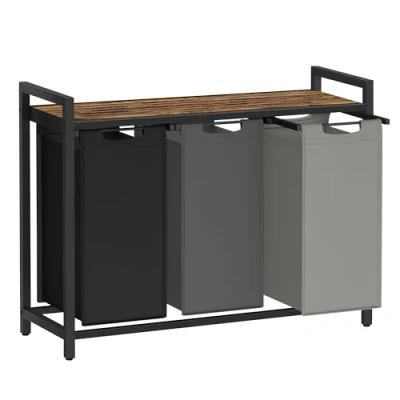 Image of VASAGLE Laundry Basket, 3 Compartment Hamper, Pull Out and Removable Liner Bags, Clothes Sorter, Shelf, Metal Frame, x 40 L, 92.5 33 72 cm, Dove Grey Matte White BLH301X01