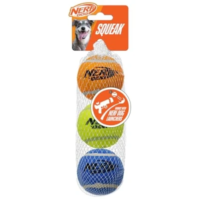 Image of Nerf Dog Tennis Balls with Built In Squeaker, 2.5 Inch Durable Fetch Toys for Dogs, Blue/Yellow/Orange (3 Pack)