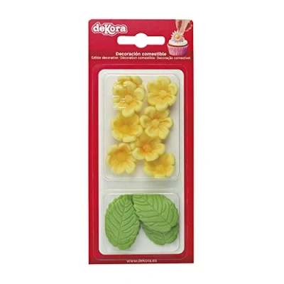 Image of Dekora Box of 8 Yellow Sugar Flowers and 5 Green Leaves Edible Cake Toppers Decoration for Birthday Cakes