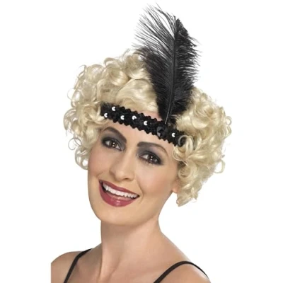 Image of Smiffys Flapper Headband, Black with Feather, 1920&#039;s Razzle Fancy Dress, Adult Dress Up Accessories