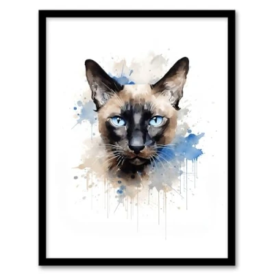 Image of Artery8 Siamese Cat Lovers Gift Watercolour Pet Portrait Painting Artwork Art Print Framed Poster Wall Decor 12x16 inch