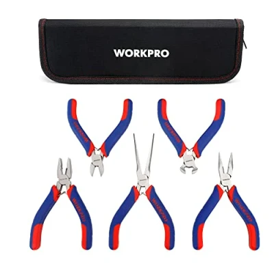 Image of WORKPRO Mini Pliers Set Jewelry 5 Piece, Including Linesman Pliers, Long Nose Diagonal End Cutting, Needle with Organizer Pouch