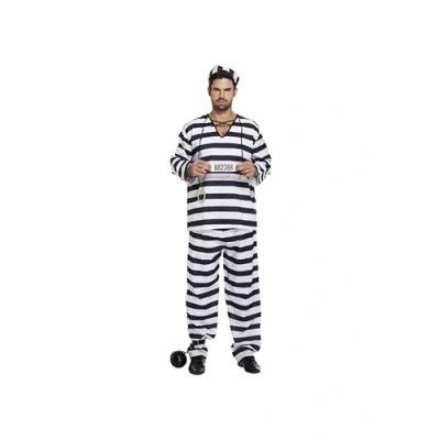 Image of HENBRANDT Adult Men’s Black and White Prison Uniform with Hat Fancy Dress Costume Convict 3 Piece Prisoner Outfit Striped Jail Break Up One Size Mens