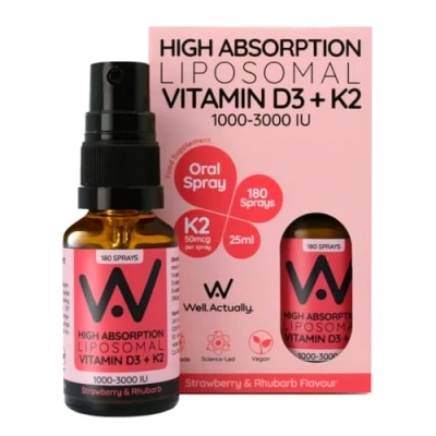 Image of WELL ACTUALLY Liposomal Vitamin D3 + K2 Spray High Bioavailability Absorption Vegan 2000 IU &amp; 7 100mcg as Menaquinone MK Strawberry Rhubarb (180 Sprays)