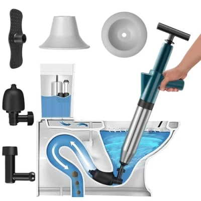 Image of Toilet Plunger Set, Air Drain Blaster Clog Remover for Toilet, Floor Drain, Sewer, Kitchen Sink, Bathroom Dredge, High Pressure Unblocker Heavy Duty Unclogger Plungers